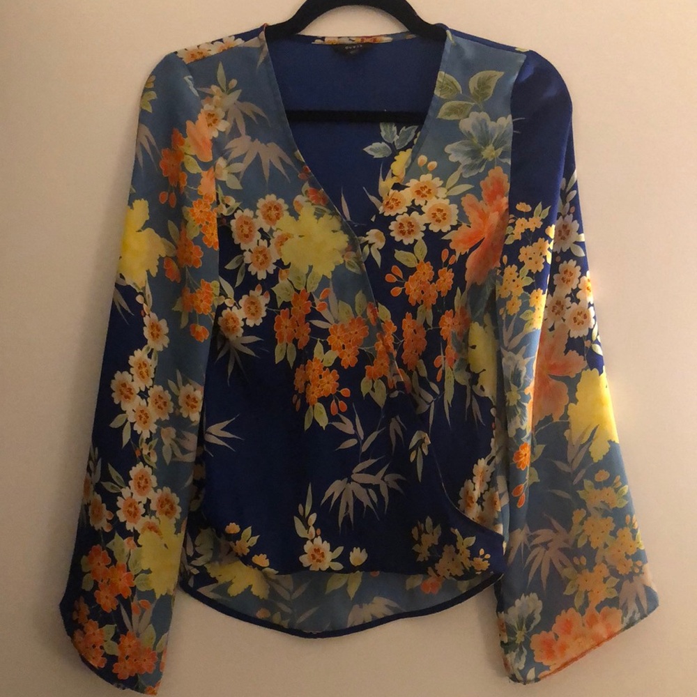 GUESS Bright Floral Cross Front Satin Blouse